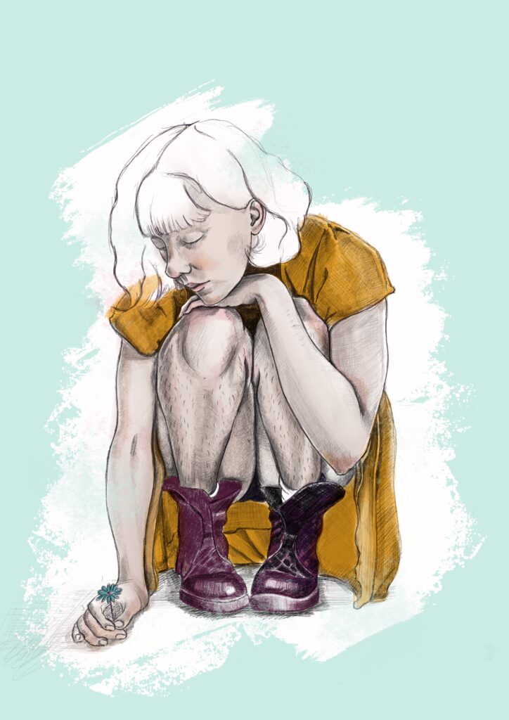 femme a croupi de face, la tete posé sur ses genoux, une main sous le maton, lautre entrain de toucher une fleur délicate