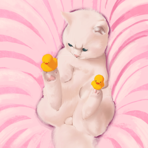 Illustration d'un chaton blanc un peu ronchon, dans un décor rose. Avec des petits poussins sur les pattes arrières. Illustration inspirée d'un réel instagram.